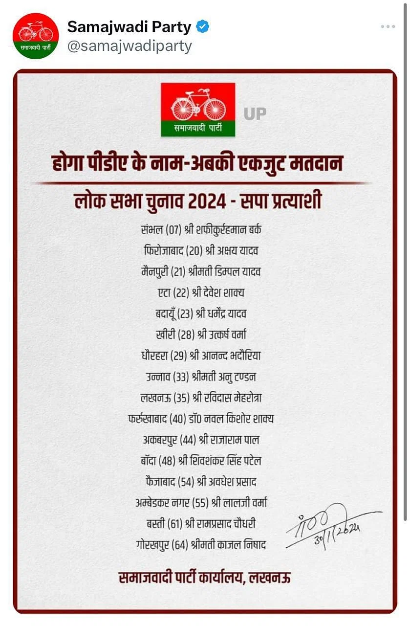 लोकसभा चुनाव:सपा ने जारी की 16 उम्मीदवारों की पहली सूची