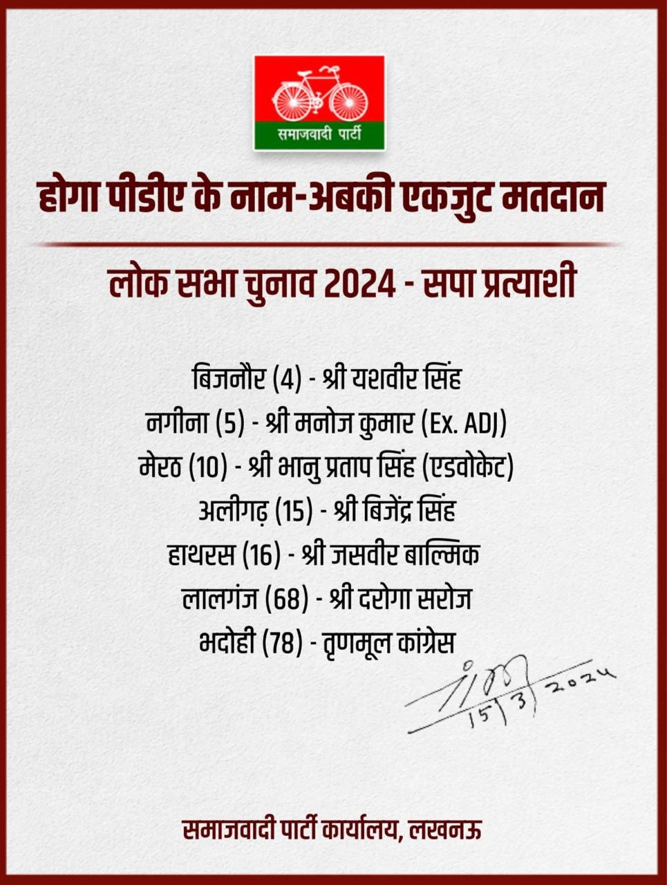 सपा ने लोकसभा चुनाव के लिए की छह उम्मीदवारों की घोषणा