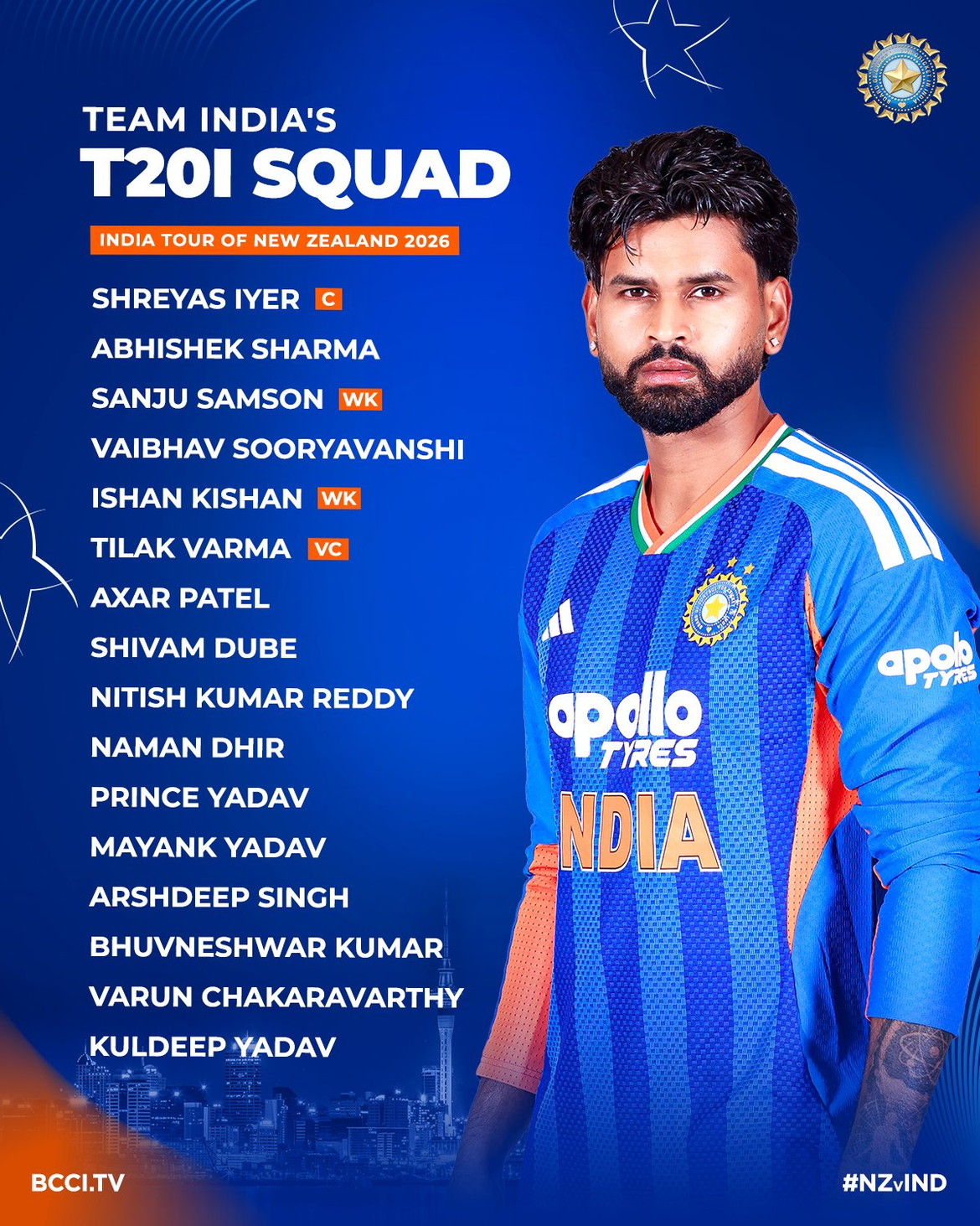 न्यूजीलैंड के खिलाफ टी20 सीरीज के लिए भारतीय टीम घोषित, भुवनेश्वर और वैभव सूर्यवंशी को मिली जगह